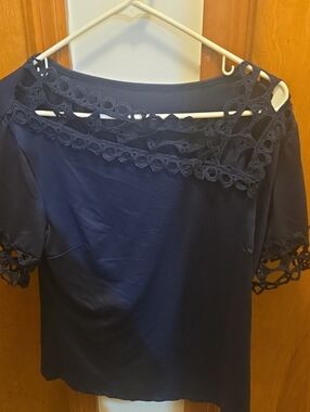 Navy Lace-Trim Off-Shoulder Women’s Top